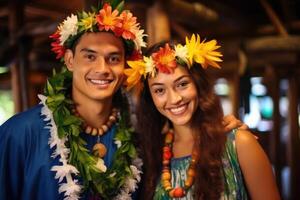 ai gegenereerd portret van een gelukkig Mens en vrouw in nationaal kostuums Aan vakantie tegen de achtergrond van natuur. Polynesië foto