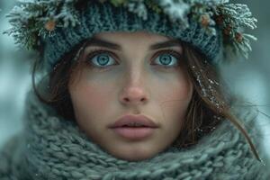 ai gegenereerd portret van een jong vrouw in warm winter kleren tegen de achtergrond van natuur foto