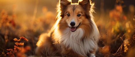 ai gegenereerd sheltie hond in zonsondergang licht. foto