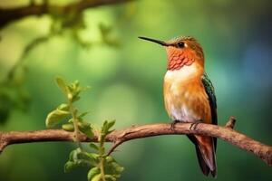 ai gegenereerd een kolibrie vogel zittend Aan een Afdeling in de oerwoud. de kleinste vogel in de wereld foto