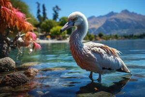 ai gegenereerd een groot vogel Aan de water in de buurt de eiland van Tahiti. vogel foto