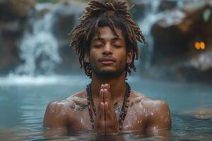 ai gegenereerd een Mens zittend in de water beoefenen yoga , genieten van meditatie foto