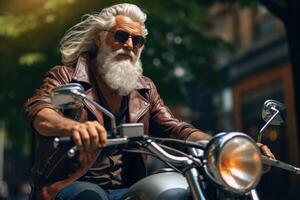 ai gegenereerd een ouderen brutaal Mens met een baard en bril ritten een motorfiets Aan een stad straat in zomer foto