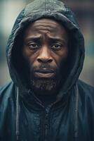 ai gegenereerd portret van een echt Mens van de Afrikaanse ras Aan de straat foto