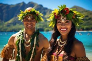 ai gegenereerd portret van een gelukkig Mens en vrouw in nationaal kostuums Aan vakantie tegen de achtergrond van natuur. Polynesië foto