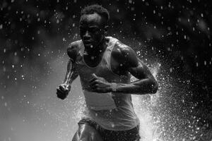 ai gegenereerd een Afro-Amerikaans rennen atleet loopt alleen in de regen Bij nacht. een actief levensstijl foto