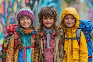 ai gegenereerd drie vrolijk kinderen in helder kleren hebben pret uitgeven hun zomer vakantie buitenshuis foto