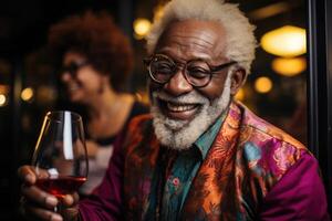 ai gegenereerd een vrolijk ouderen stel, een Mens en een vrouw, drinken wijn in hun wijn kelder foto