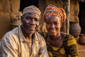 ai gegenereerd portret van een Afrikaanse paar van een Mens en een vrouw tegen de achtergrond van Afrikaanse natuur. volwassen Afrikaanse paar foto