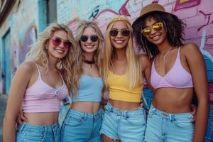 ai gegenereerd portret van glimlachen vriendinnetjes in zomer licht kleren Aan de achtergrond van de straat. een groep van vrienden foto