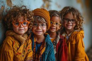 ai gegenereerd vier vrolijk kinderen in helder kleren en bril zijn hebben pret uitgeven hun zomer vakantie buitenshuis foto