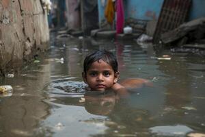 ai gegenereerd arm Indisch kinderen baden in de riolering water afvoer in de dorp foto