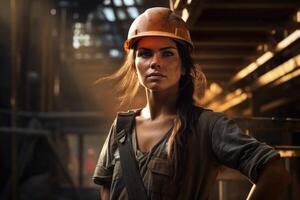 ai gegenereerd een vrouw ingenieur, bouwer of architect in een helm tegen de achtergrond van een bouw plaats foto