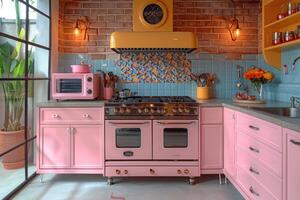 ai gegenereerd kleurrijk interieur van een modern keuken. rijk interieur kleuren foto