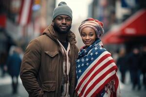 ai gegenereerd portret van een Mens en een vrouw patriotten van hun land tegen de achtergrond van een stad straat foto