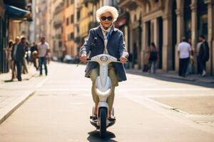 ai gegenereerd een ouderen vrouw met bril ritten een elektrisch scooter Aan een stad straat in zomer foto