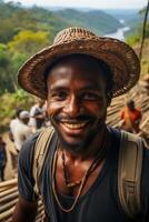 ai gegenereerd portret van een vrolijk reiziger tegen de achtergrond van natuur foto