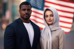 ai gegenereerd portret van een Mens en een vrouw patriotten van hun land tegen de achtergrond van een stad straat foto