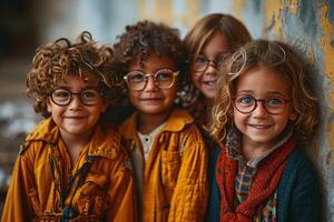 ai gegenereerd vier vrolijk kinderen in helder kleren en bril zijn hebben pret uitgeven hun zomer vakantie buitenshuis foto