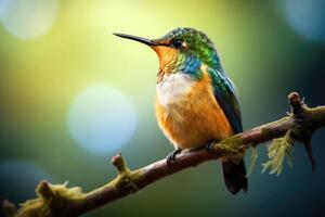 ai gegenereerd een kolibrie vogel zittend Aan een Afdeling in de oerwoud. de kleinste vogel in de wereld foto