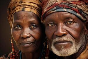 ai gegenereerd portret van een ouderen Afrikaanse paar Aan vakantie in nationaal kostuums. reis foto