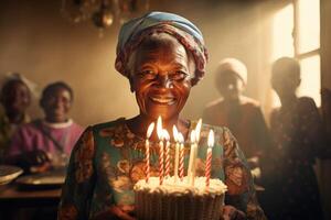 ai gegenereerd Afrikaanse vrouw slagen uit kaarsen Aan een verjaardag taart in haar huis foto