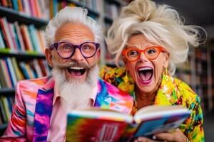 ai gegenereerd een gelukkig vrolijk ouderen Mens met een baard is op zoek voor informatie in boeken in de bibliotheek foto