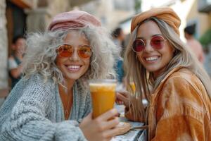 ai gegenereerd twee ouderen vrouw vrienden zijn zittend Bij een buitenshuis tafel met cups van koffie en glimlachen Bij de camera foto