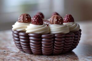 ai gegenereerd elegant handgemaakt taart Aan de tafel met chocola foto