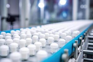 ai gegenereerd pil capsules vulling in medisch fabriek. foto