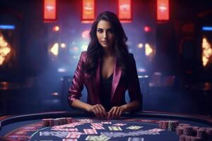 ai gegenereerd casino meisje schudt poker kaarten, spel concept foto