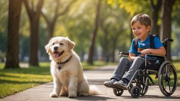 ai gegenereerd weinig jongen in een rolstoel Aan de straat met een hond foto