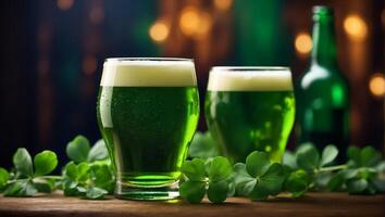 ai gegenereerd bril met groen bier, Klaver bladeren achtergrond foto