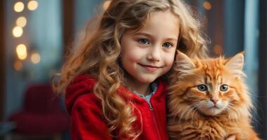 ai gegenereerd weinig meisje met schattig kat Bij huis portret foto