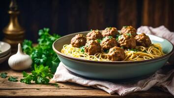 ai gegenereerd heerlijk smakelijk gehaktballen met spaghetti in de keuken foto