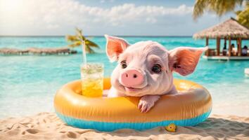 ai gegenereerd schattig varken in een zwemmen ring hebben een cocktail Aan de strand foto