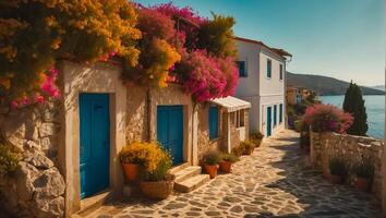 ai gegenereerd mooi straat Griekenland zomer dag, zee foto