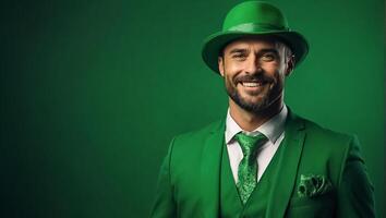 ai gegenereerd elegant gelukkig Mens in groen hoed en groen kleren foto