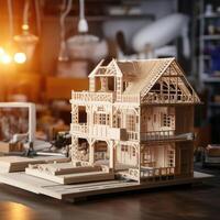 ai gegenereerd model- van de huis met dak gedrukt Aan 3d printer met wit filament door fdm technologie voor bouwkundig gebruik foto