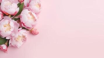 ai gegenereerd gelukkig Dames dag banier met kopiëren ruimte. roze leeg achtergrond met voorjaar pioen bloemen. bruiloft uitnodiging en groet kaart. zomer vlak leggen natuurlijk bloemen uitverkoop illustratie ruimte foto