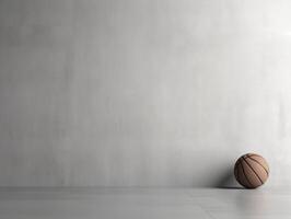 ai gegenereerd sportief minimalistisch grijs achtergrond met leeg ruimte voor tekst. basketbal bal Aan grijs muur met kopiëren ruimte. sport- en gezond levensstijl concept foto