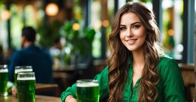 ai gegenereerd mooi meisje met een glas van groen bier in een bar foto