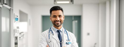 ai gegenereerd glimlachen mannetje dokter in kliniek foto