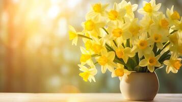 ai gegenereerd narcissen boeket in vaas Bij de venster. lente foto