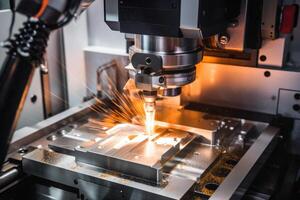 ai gegenereerd laser snijdend van metaal Aan cnc machines, modern industrieel technologie voor fabricage industrieel onderdelen. modern metaalbewerking foto