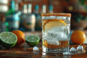 ai gegenereerd cocktail drinken in een glas Aan de tafel met tequila, gin, likeur, citroen sap foto
