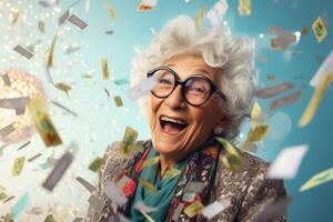 ai gegenereerd een gelukkig ouderen vrouw in een feestelijk kleding drukt uit haar emoties terwijl confetti vliegt Bij haar foto