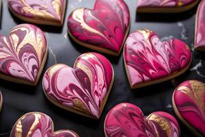 ai gegenereerd gemarmerd hart vormig valentijnsdag dag suiker koekjes met Koninklijk suikerglazuur in roze en goud foto