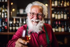 ai gegenereerd een zelfverzekerd, ouderen, positief, glimlachen Mens met een baard proeverij rood wijn in zijn wijn kelder foto