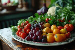 ai gegenereerd groenten en fruit zijn gelegd uit in een bord Aan de keuken tafel. de concept van gezond aan het eten foto